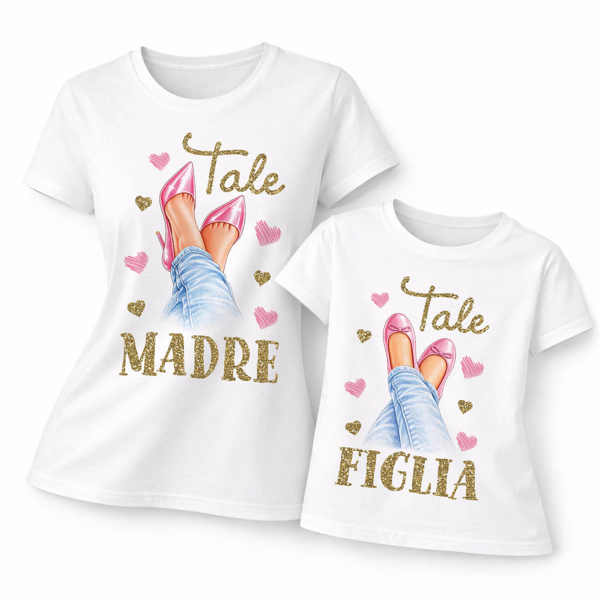 Set di magliette bianche mamma e figlia con stampa “Tale” e cuori e scarpe