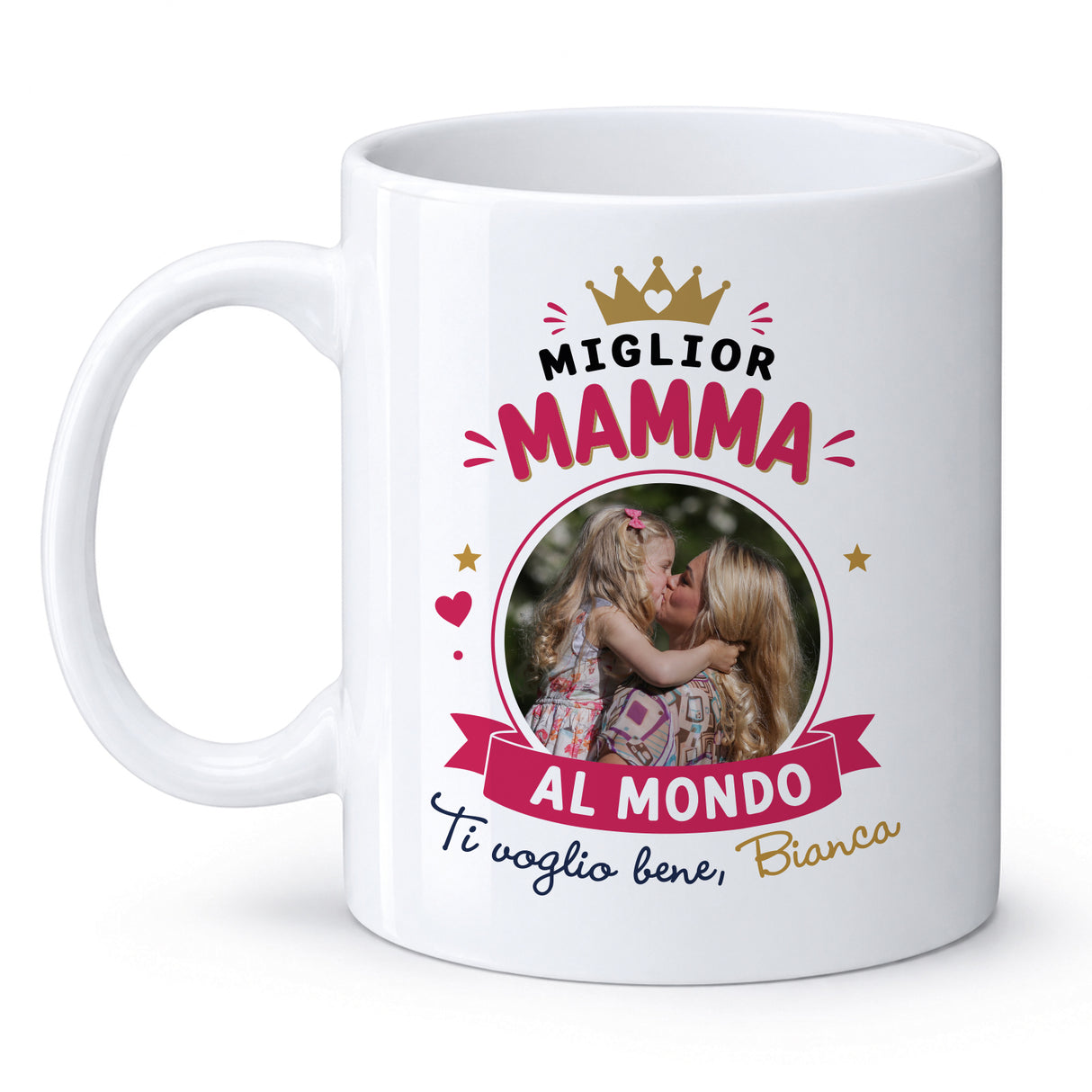 Tazza bianca in ceramica con “Miglior Mamma al mondo” e foto con nome Bianca