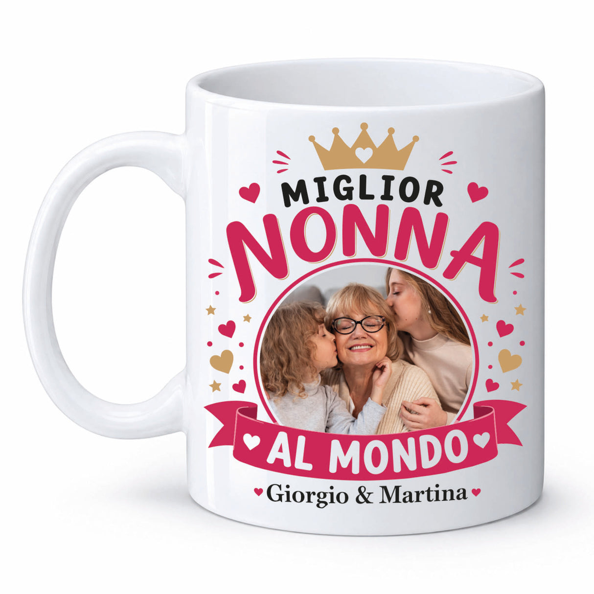 Tazza bianca con foto, corona e cuori; "Miglior Nonna al Mondo" Giorgio & Martina