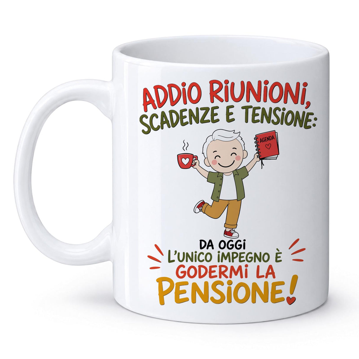Tazza bianca in ceramica con stampa colorata “Addio riunioni” e manico