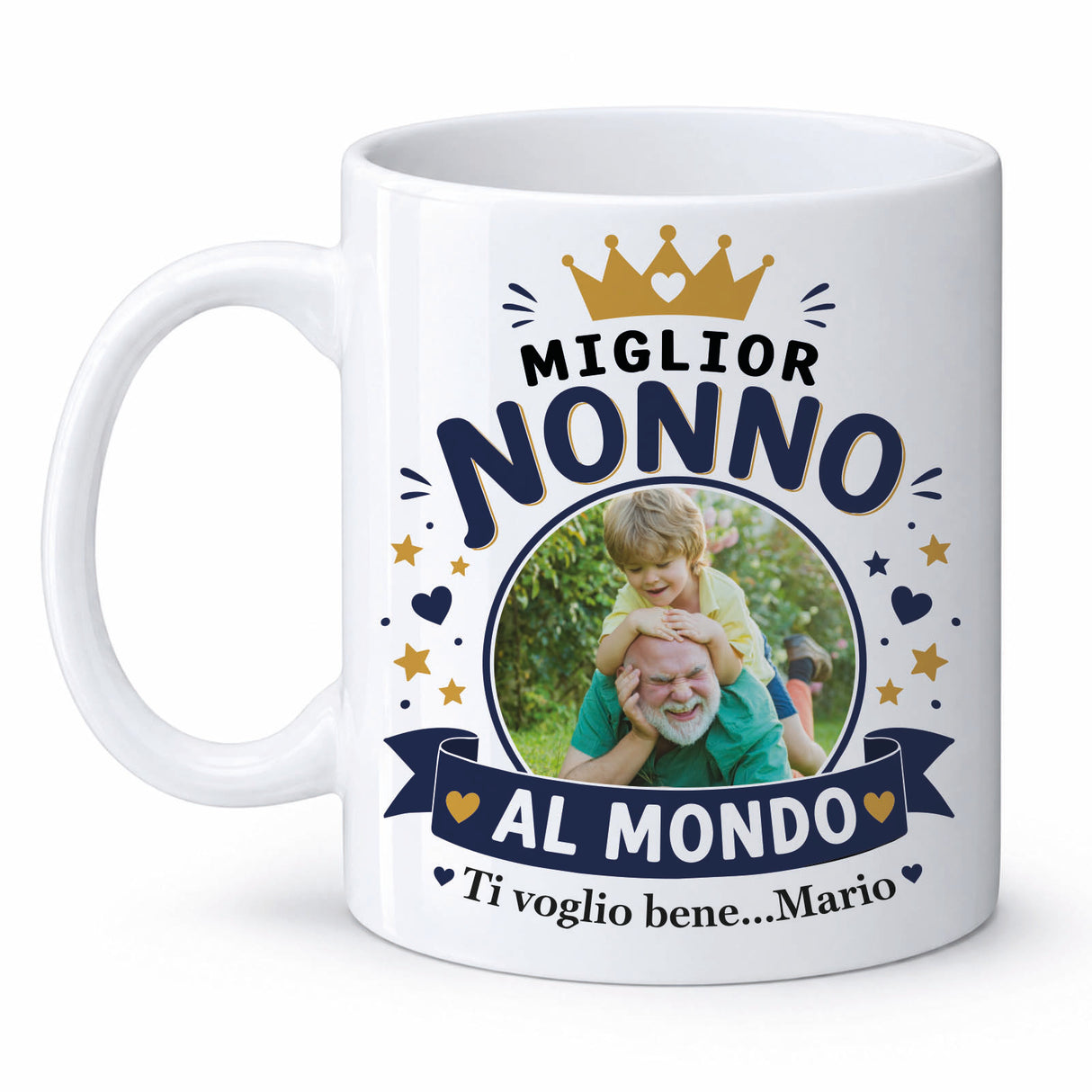 Tazza bianca con scritta “Miglior Nonno al Mondo” e foto