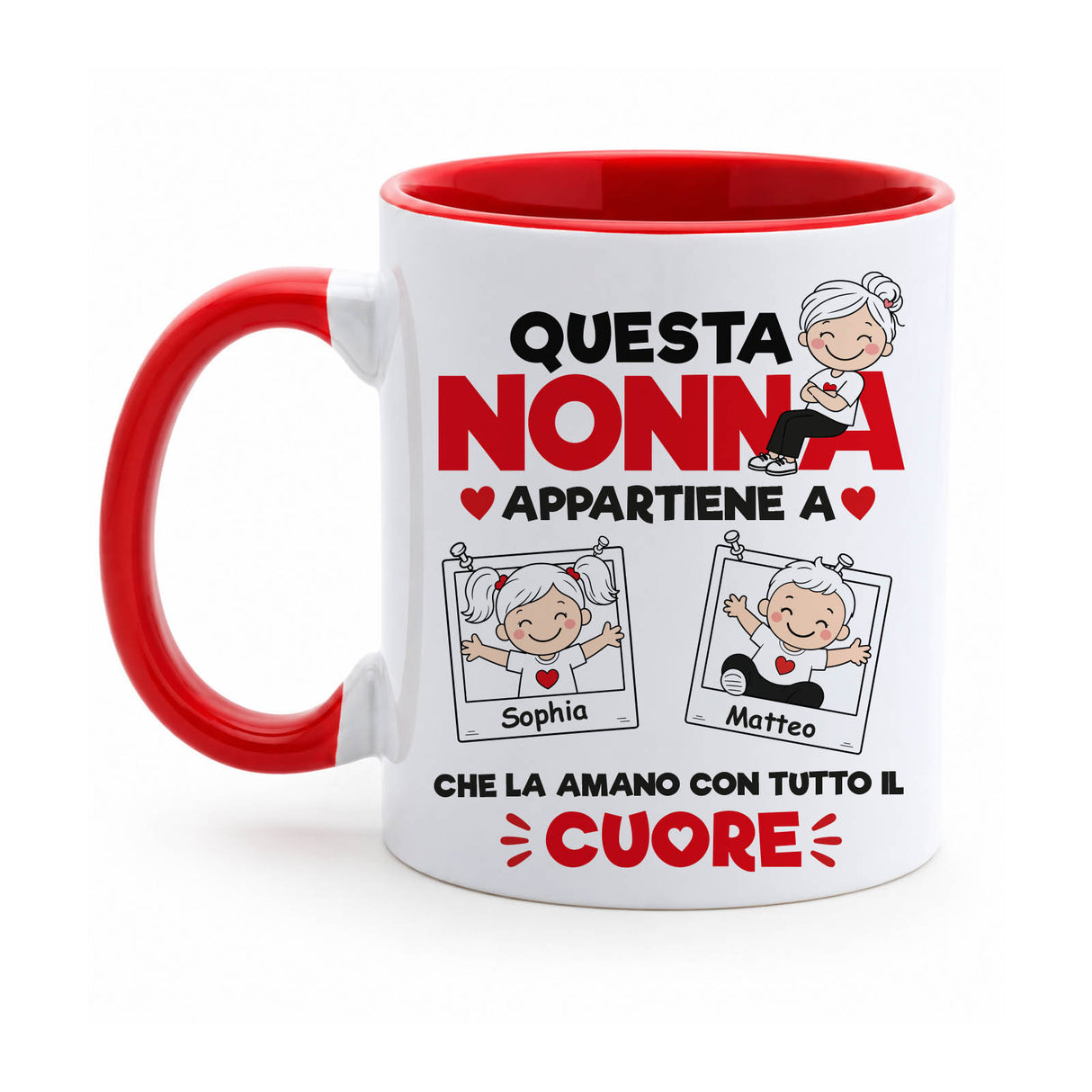 Tazza bianca con manico e bordo rossi, grafica Nonna con Sophia e Matteo