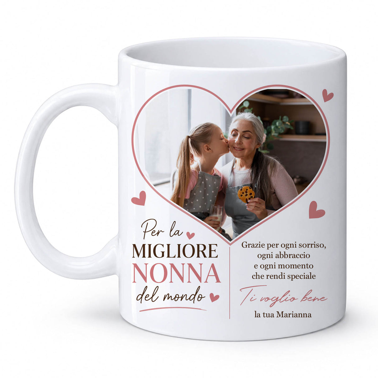 Tazza bianca con cuore con foto e dedica “migliore nonna del mondo”