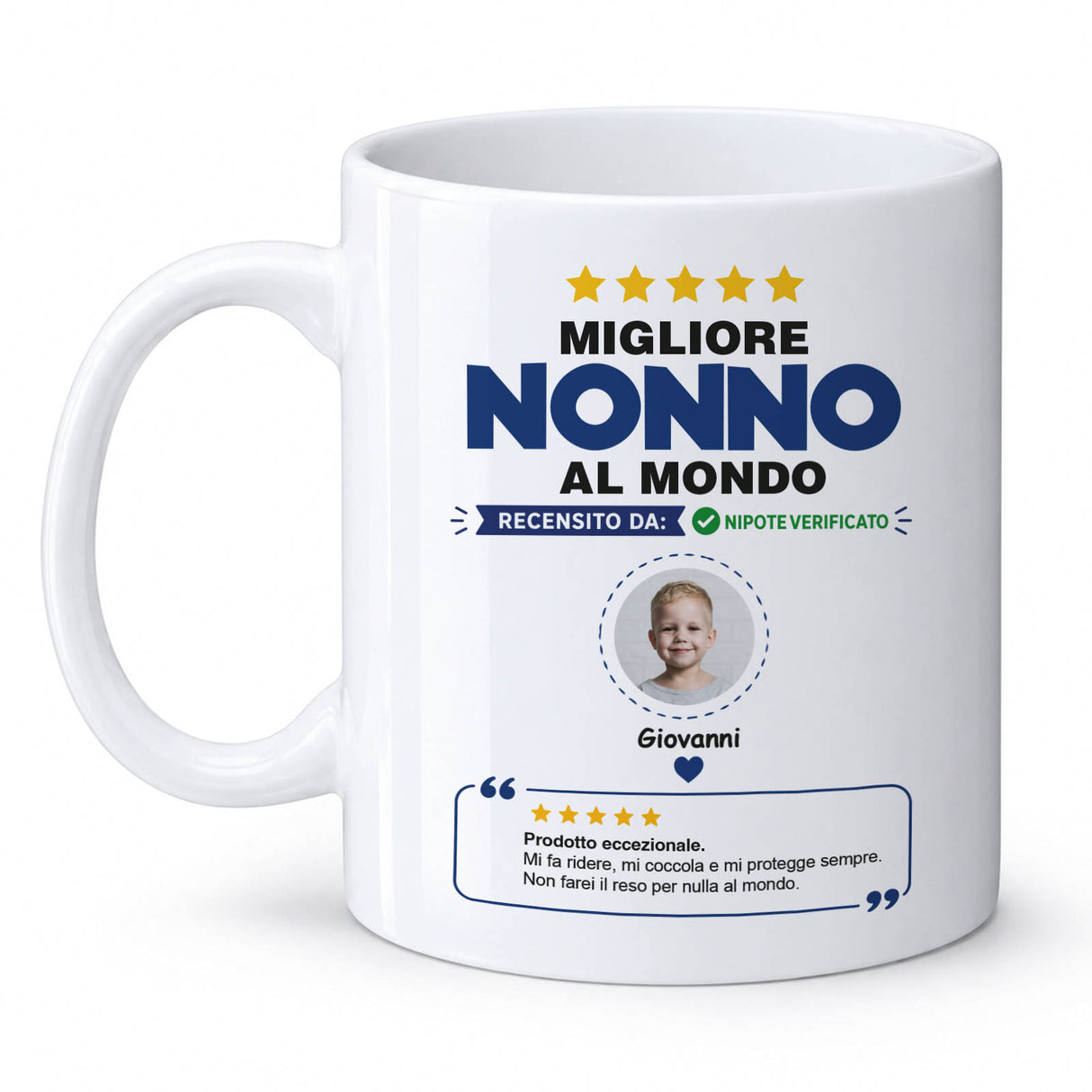 Tazza bianca “Migliore Nonno al Mondo” con foto e nome Giovanni