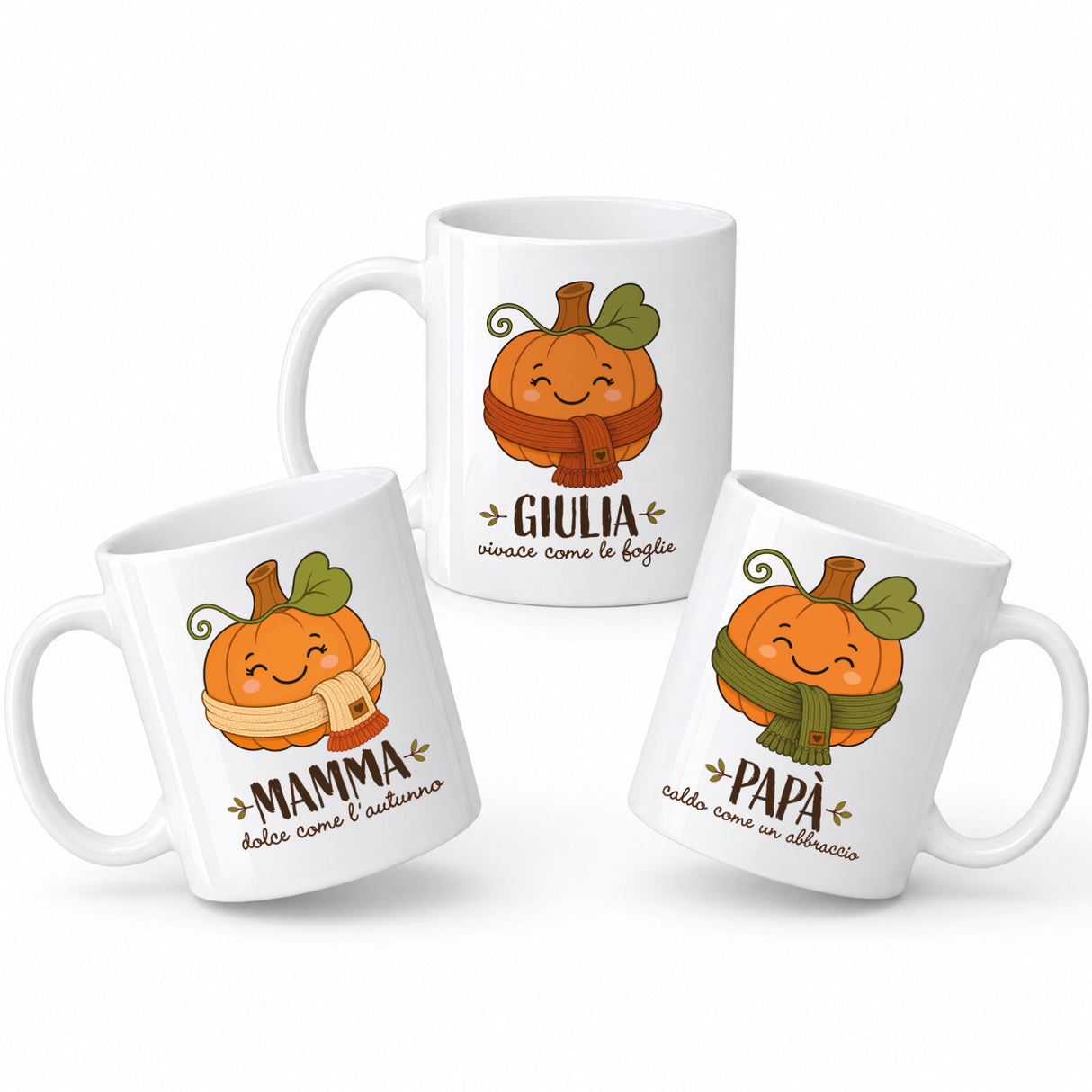 Set di 3 tazze bianche con manici, illustrazioni zucca e scritte MAMMA, GIULIA, PAPA