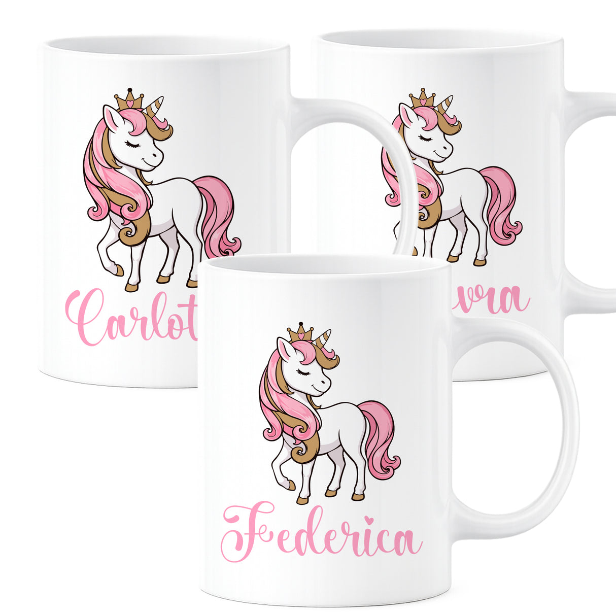 Tazze bianche con unicorno rosa e scritte: Carlotta, vera, Federica (3)