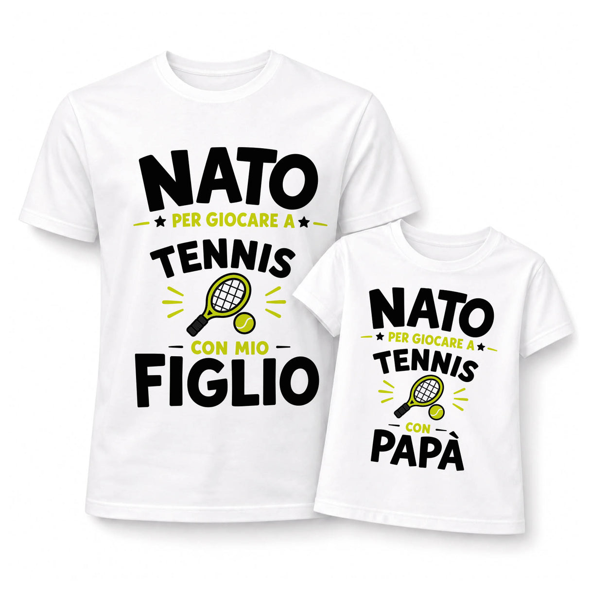 Coppia t-shirt e body bianchi con scritte “NATO… TENNIS” per figlio e papà