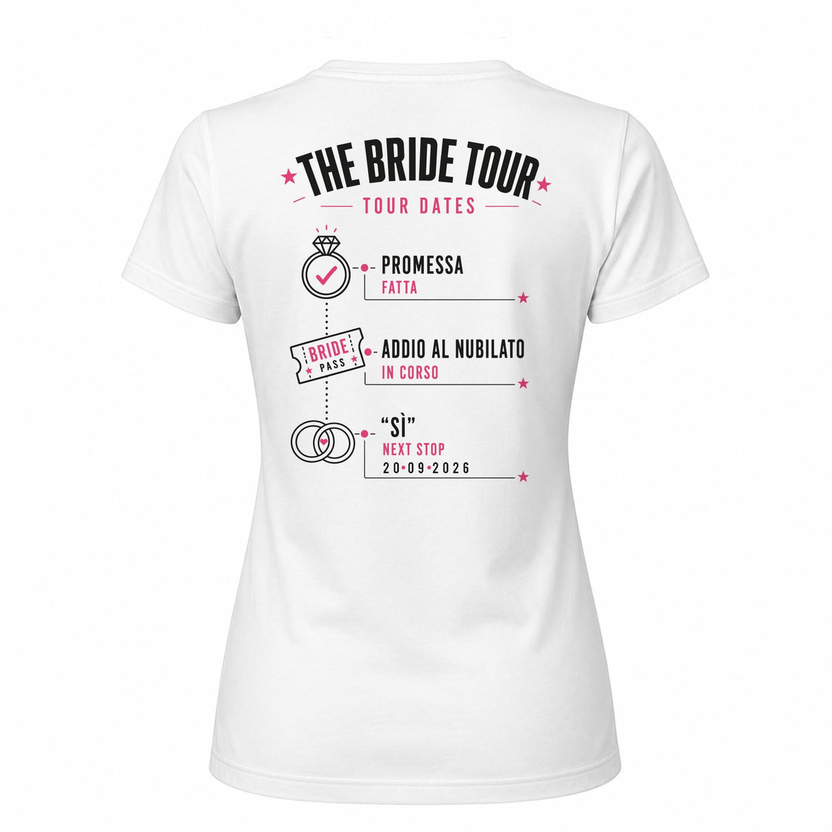 Maglietta bianca da donna con stampa sul retro “The Bride Tour Tour dates”