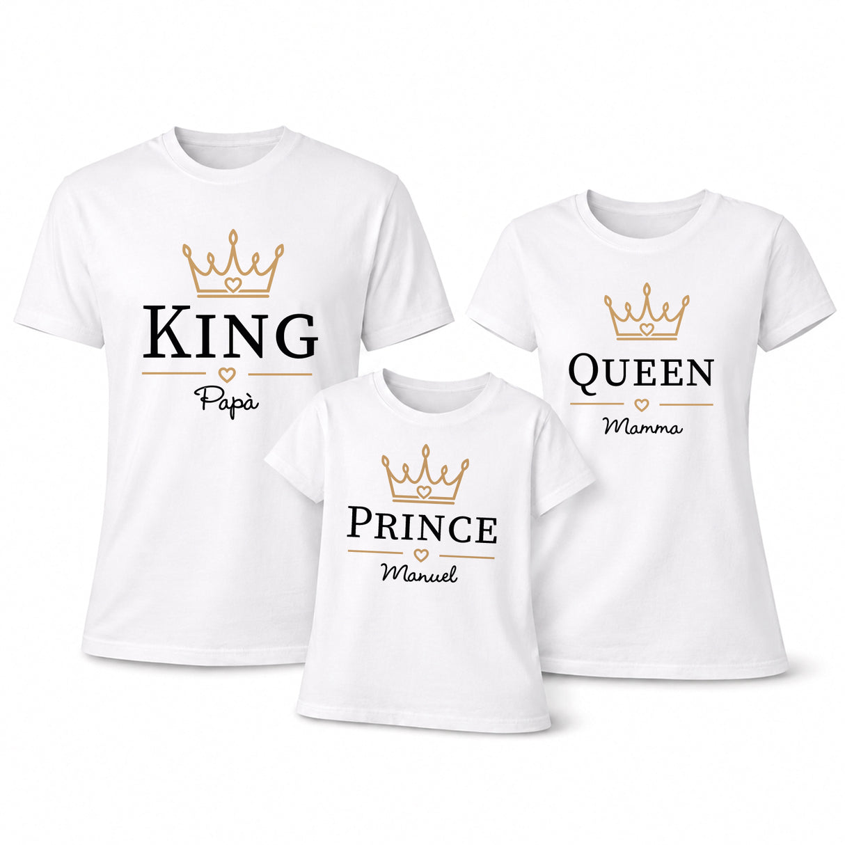 Set di tre T-shirt bianche con scritte King, Queen e Prince, corone dorate