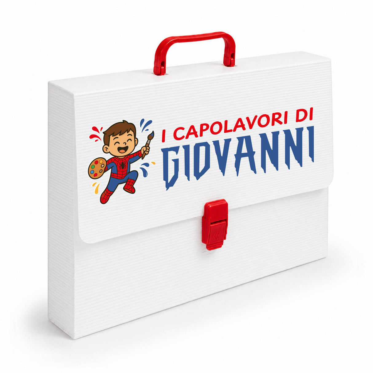 Valigetta bianca porta disegni con maniglia rossa e nome Giovanni, Spider Kid