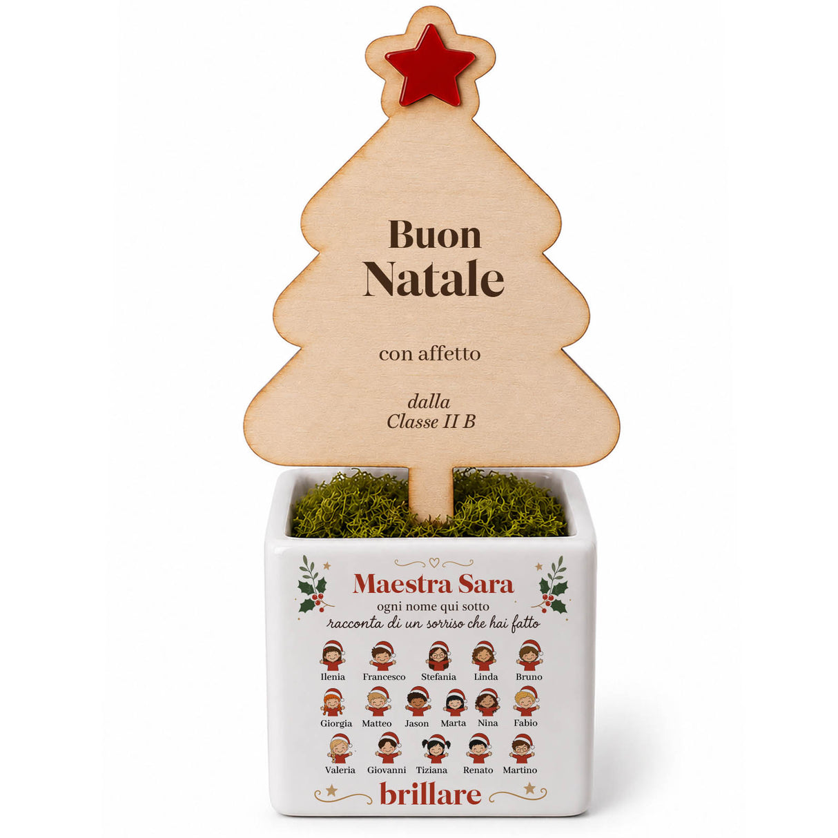 Vaso di ceramica natalizio con stella rossa, scritta Buon Natale e elenco nomi