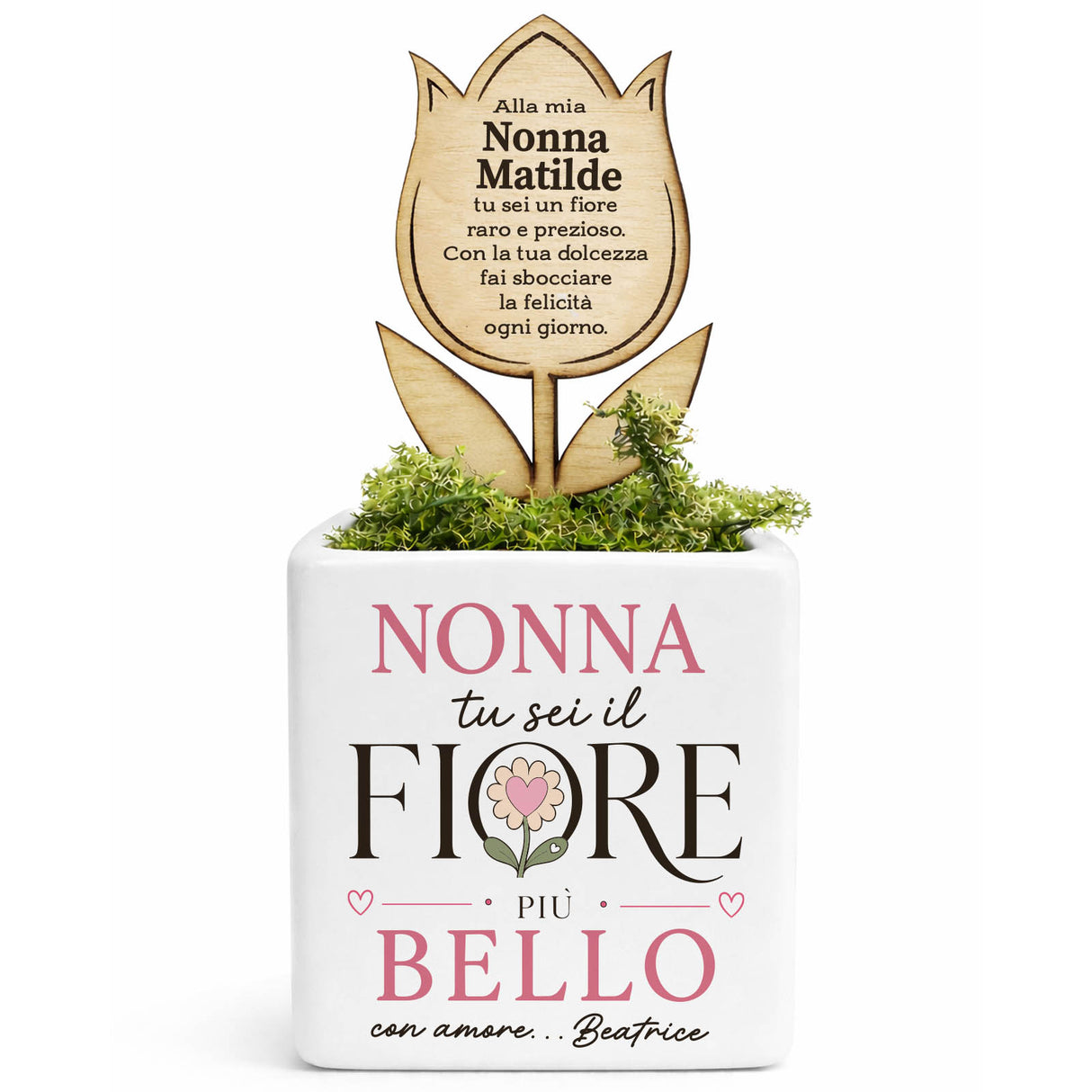 Vaso bianco con fiore in legno inciso e scritta NONNA: Tu sei il fiore più bello