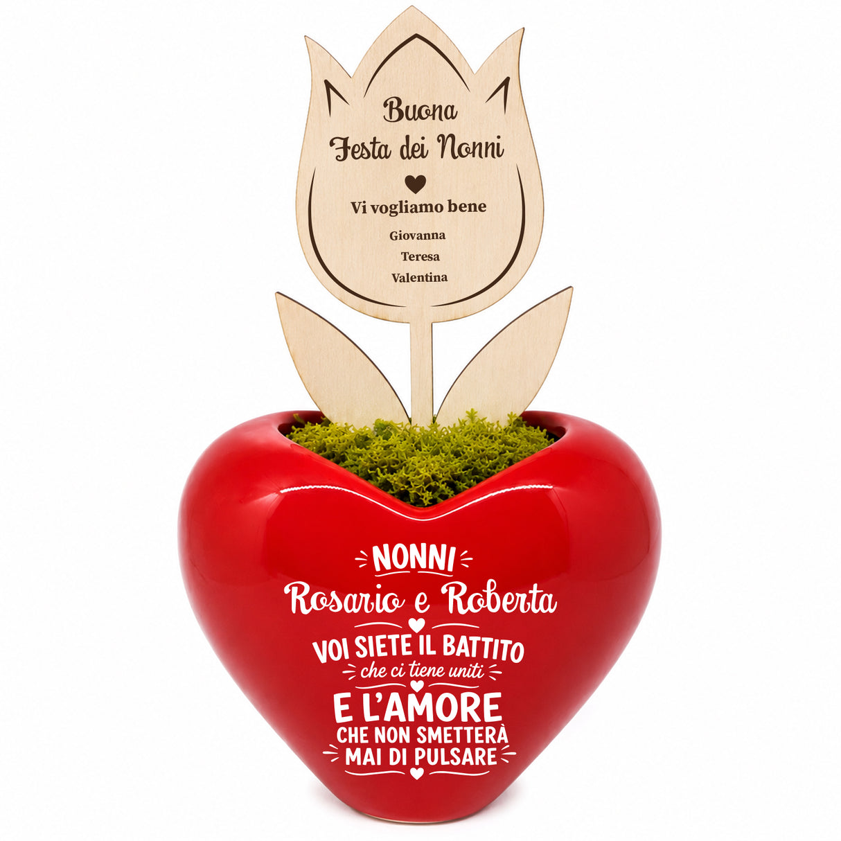 Vasetto a cuore rosso lucido con muschio verde e topper Festa dei Nonni
