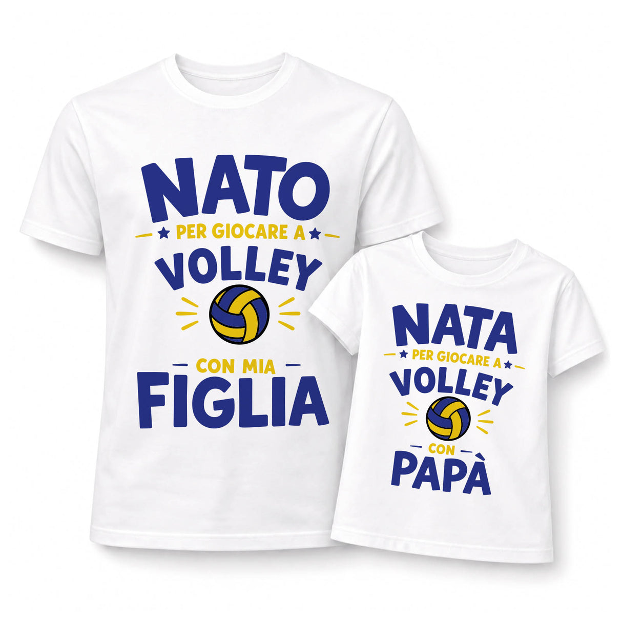 Coppia t-shirt e body bianchi con scritte “NATA… VOLLEY” per figlia e papà