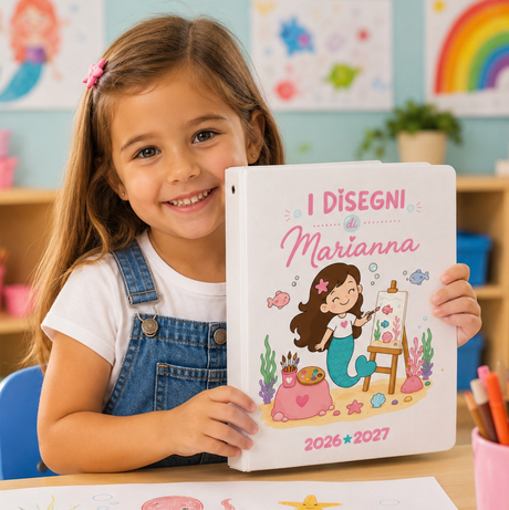 Raccoglitore ad anelli bianco con copertina personalizzata, bimba lo tiene in mano.