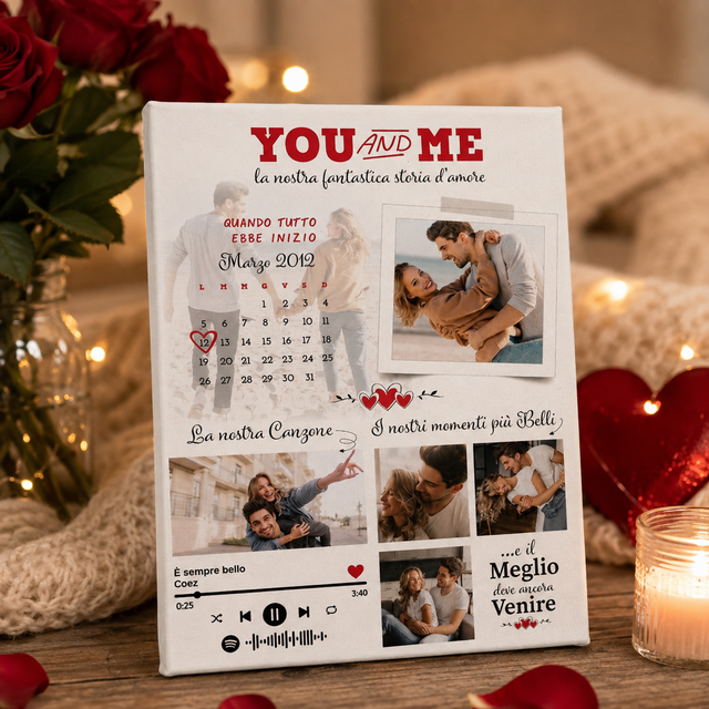 Stampa “YOU AND ME” personalizzata con foto coppia, calendario e musica Spotify