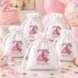 Sacchetti portaconfetti in raso bianco con coulisse, stampa unicorno rosa e nome Margherita