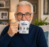 Tazza bianca con grafica “Questo Nonno appartiene a…” e foto dei nipoti, tenuta in mano