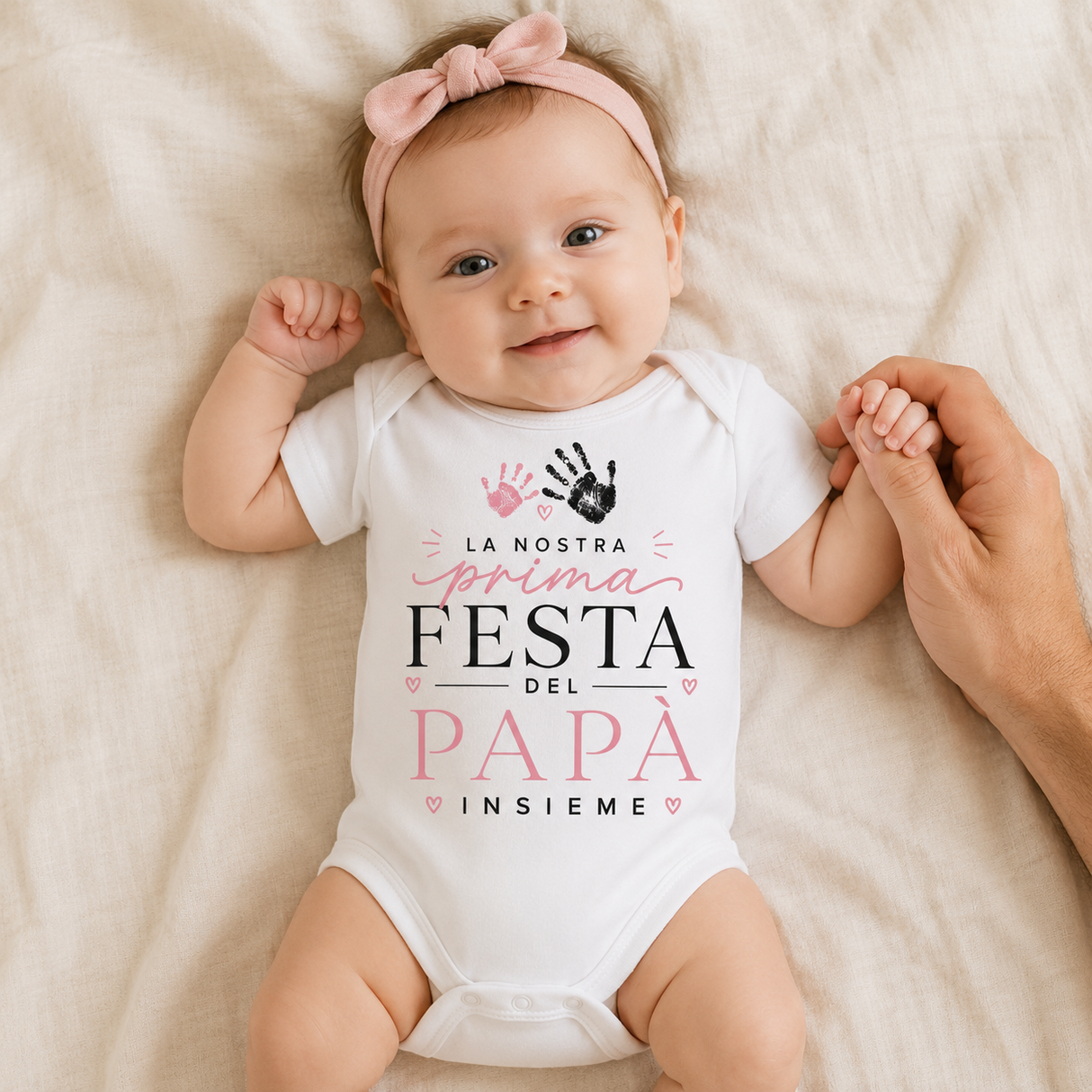 Body neonato bianco con scritta Festa del Papà Insieme rosa e impronte