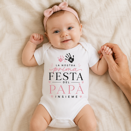 Body neonato bianco con scritta Festa del Papà Insieme rosa e impronte