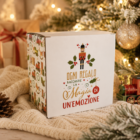 Confezione regalo natalizia con grafica "Ogni regalo... Magia di un'emozione"