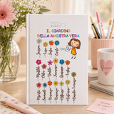 Agenda personalizzata con copertina bianca: “IL GIARDINO DELLA MAESTRA VERA” e fiori colorati