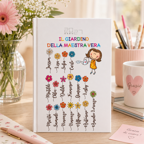 Agenda personalizzata con copertina bianca: “IL GIARDINO DELLA MAESTRA VERA” e fiori colorati
