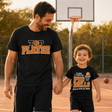 Coppia di magliette nere per papà e figlio con stampa Top Player e basket.