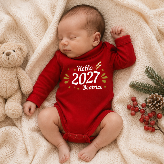 Body neonato rosso con maniche lunghe e collo alto, Hello 2027 Beatrice