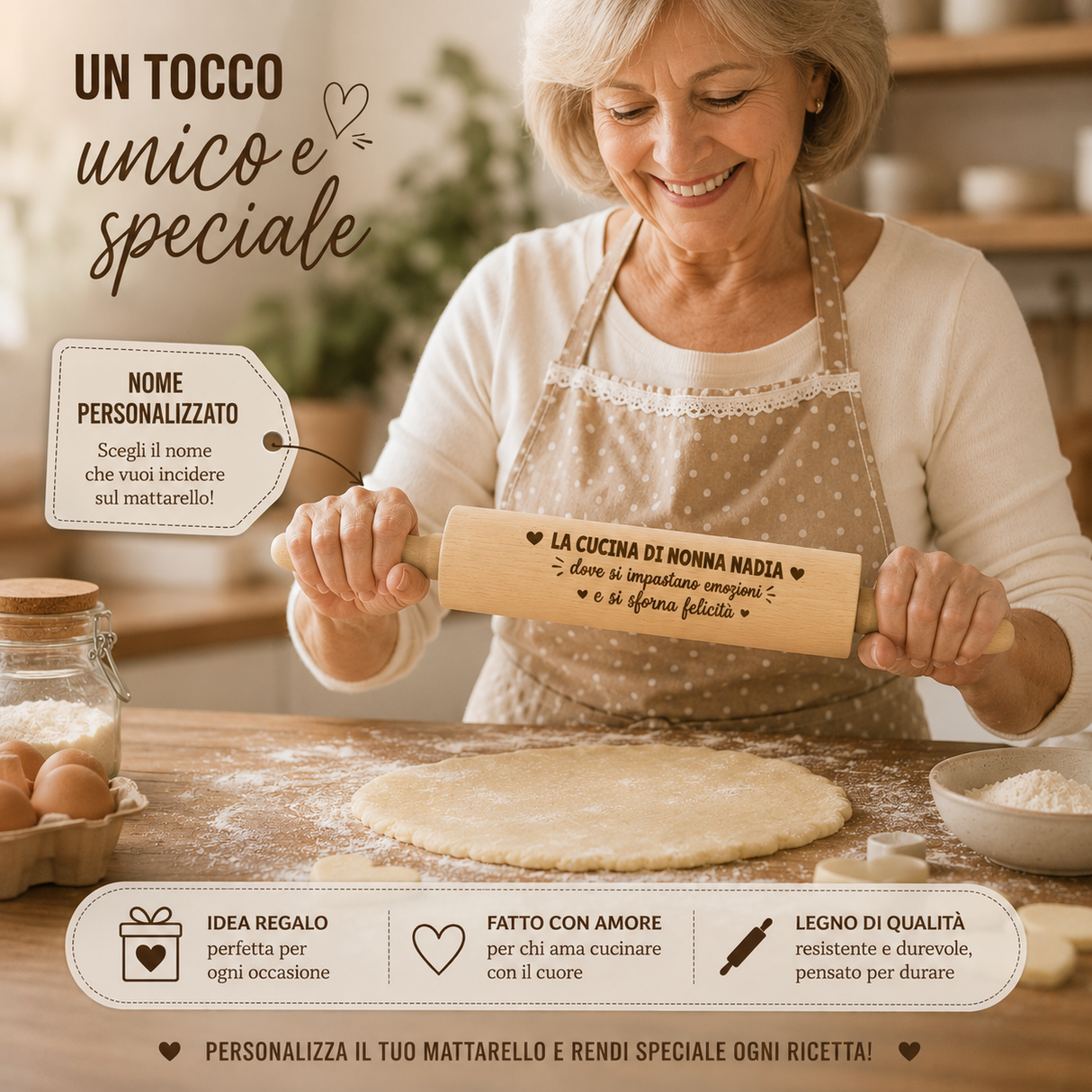 Mattarello in legno con incisione personalizzata, cuori e scritta per nonna
