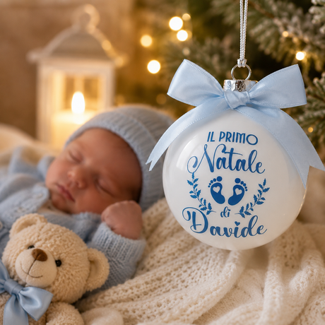 Pallina di Natale in vetro bianca con fiocco azzurro e scritta "Davide"