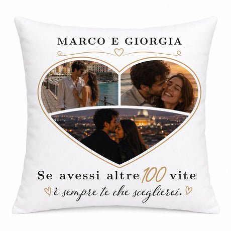 Cuscino personalizzato bianco con cuore, foto di coppia e testo “Marco e Giorgia”