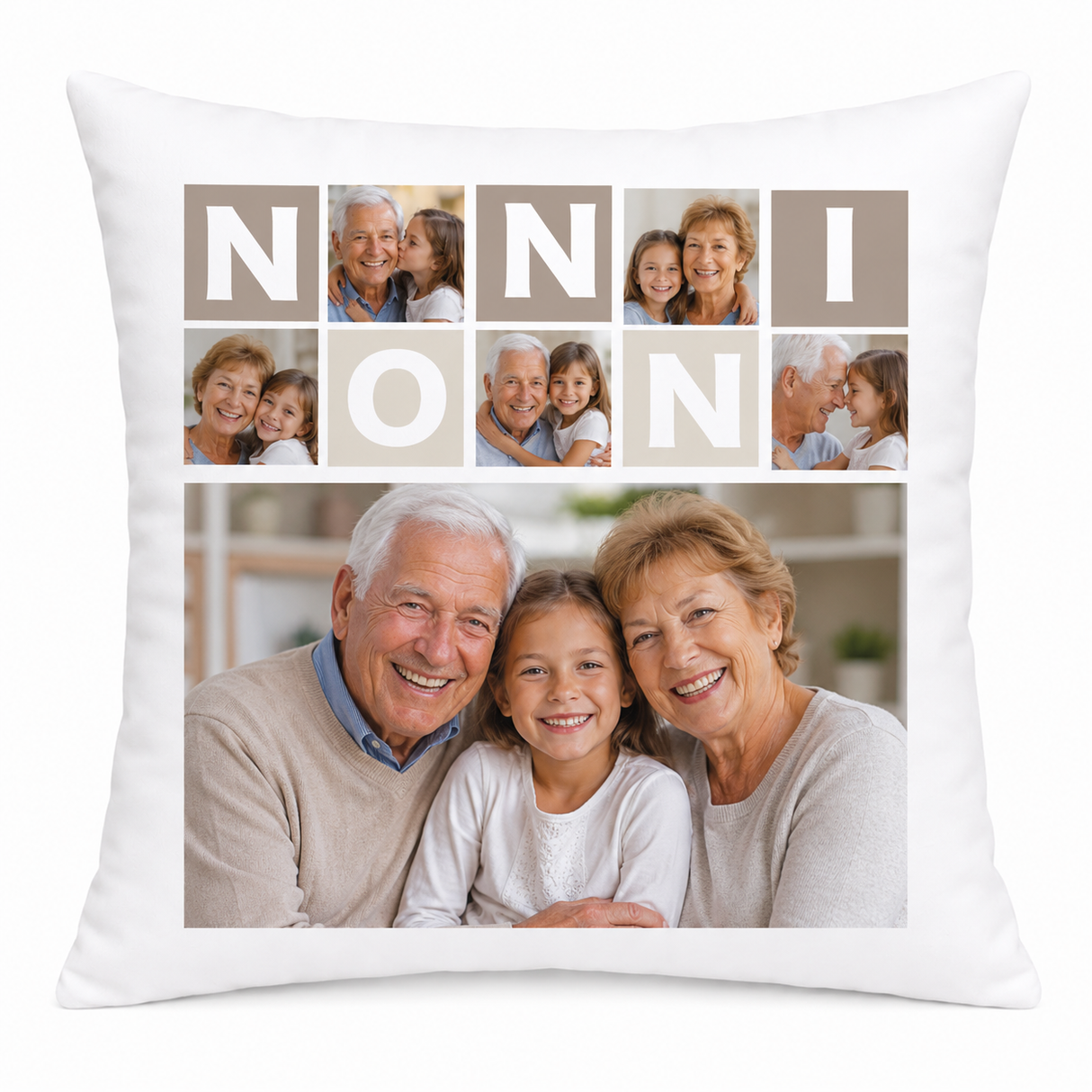 Cuscino bianco con collage di 5 foto dei nonni e scritta “NONNI”