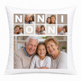 Cuscino bianco con collage di 5 foto dei nonni e scritta “NONNI”