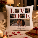 Cuscino personalizzato bianco con collage di 5 foto e scritta LOVE e Ti Amo