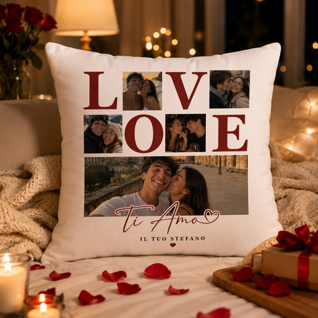 Cuscino personalizzato bianco con collage di 5 foto e scritta LOVE e Ti Amo