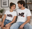Coppia di t-shirt bianche con stampa Mr e Mrs, girocollo