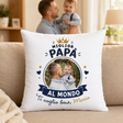 Cuscino bianco con foto incorniciata e scritta 'Miglior Papà al Mondo'.