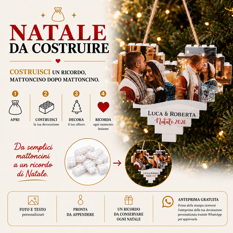 Decorazione natalizia a cuore in mattoncini chiari con istruzioni e immagine sul cartoncino