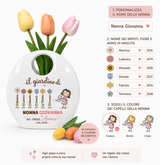Vaso borsetta in ceramica bianca con tulipani, personalizzazione con nomi dei nipoti.