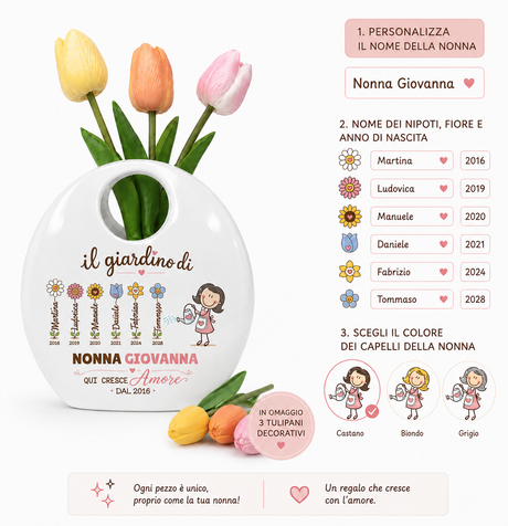 Vaso borsetta in ceramica bianca con tulipani, personalizzazione con nomi dei nipoti.