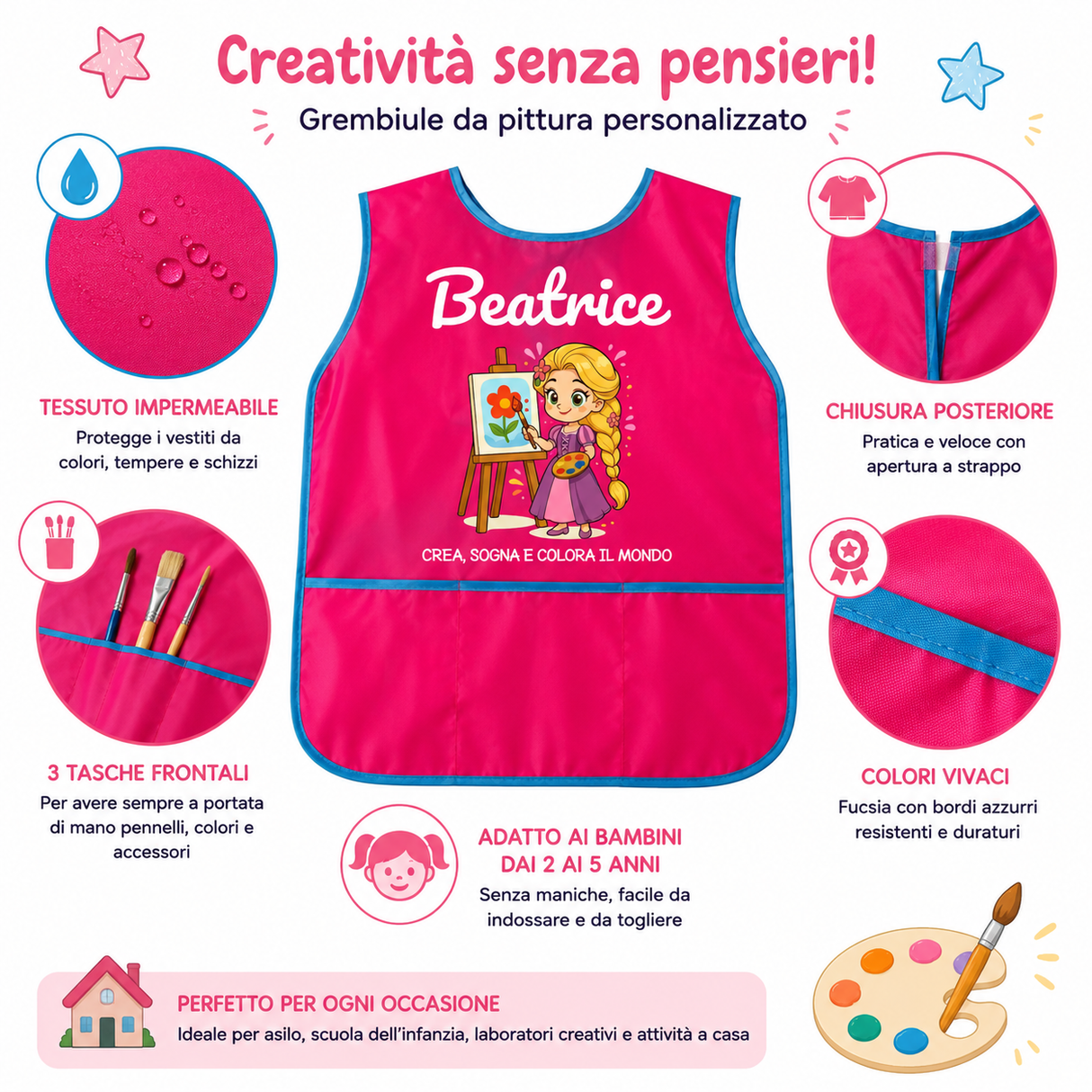 Grembiule da pittura bambina fucsia con bordo turchese, chiusura posteriore regolabile