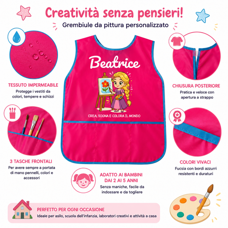 Grembiule da pittura bambina fucsia con bordo turchese, chiusura posteriore regolabile