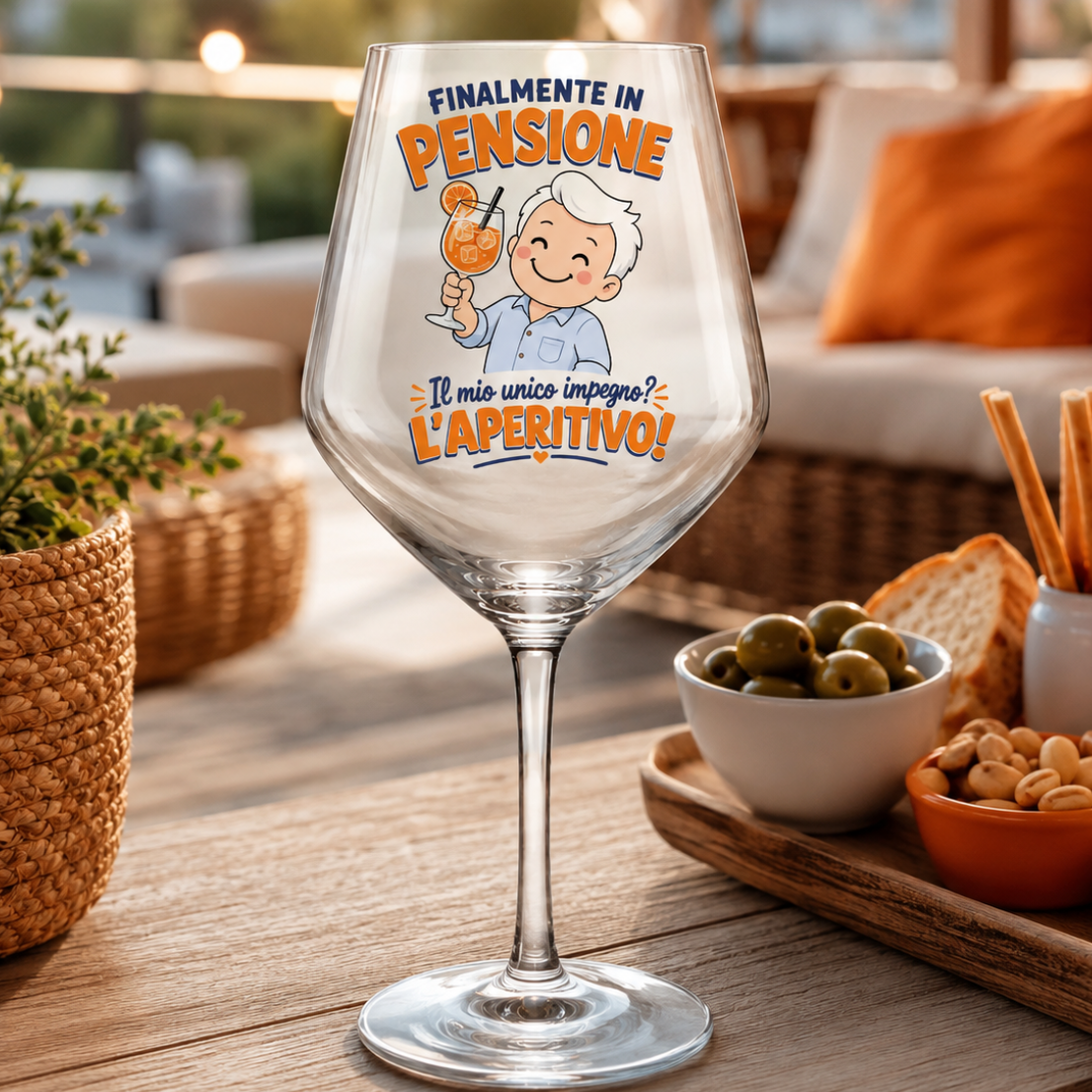 Calice da vino in vetro trasparente con grafica “Il mio unico impegno? L’aperitivo!”
