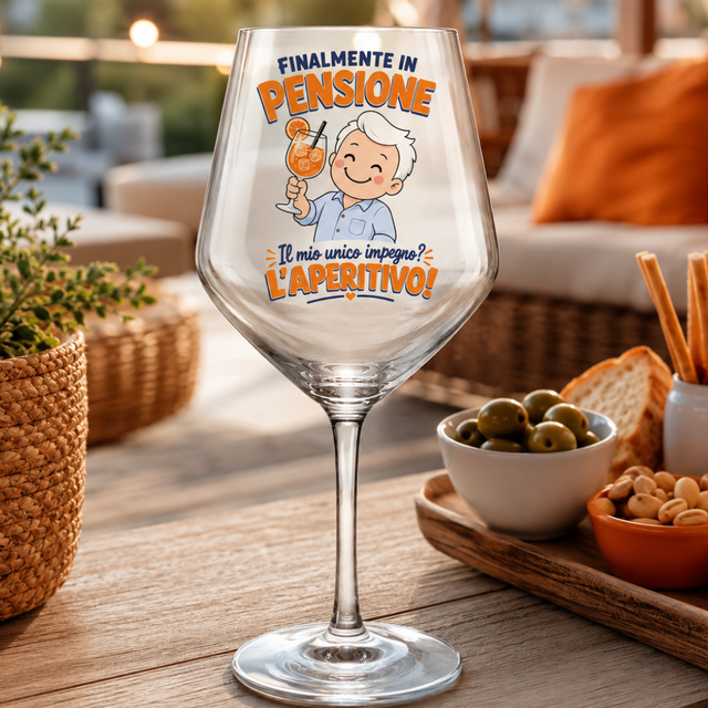 Calice da vino in vetro trasparente con grafica “Il mio unico impegno? L’aperitivo!”