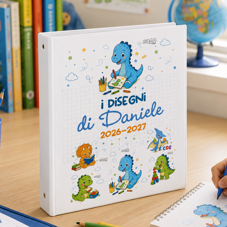 Raccoglitore ad anelli bianco con grafica dinosauri colorati e scritta “i DISEGNI di Daniele”