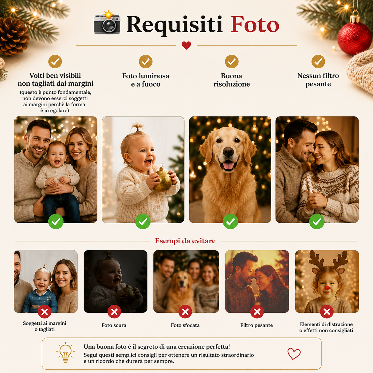 Poster requisiti foto per decorazione natalizia, esempi e segnali verdi