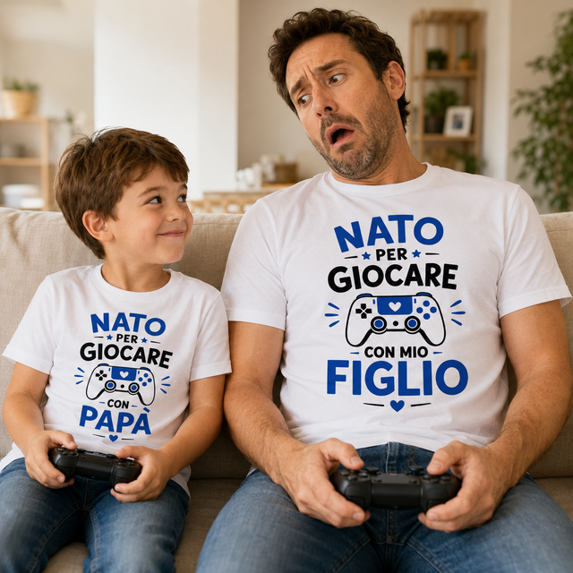 Maglietta bianca padre e maglietta bianca figlio con grafica blu gaming e cuore