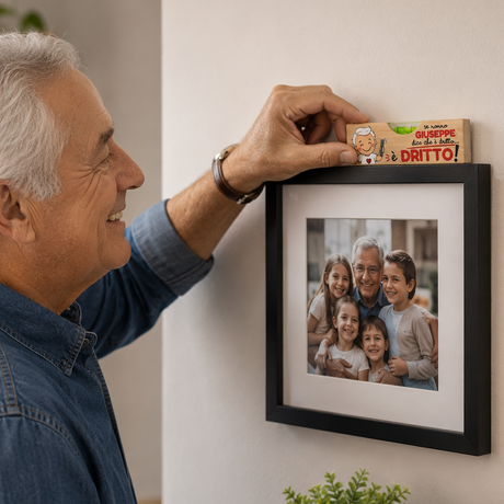 Livella in legno personalizzata con scritta “è Dritto!” su cornice foto, in casa