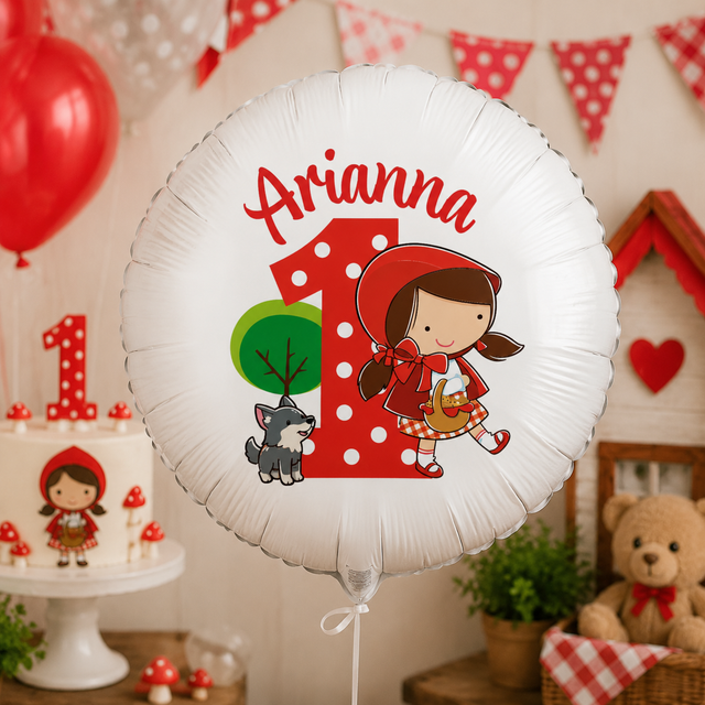 Palloncino in alluminio bianco con nome Arianna e illustrazione Cappuccetto Rosso